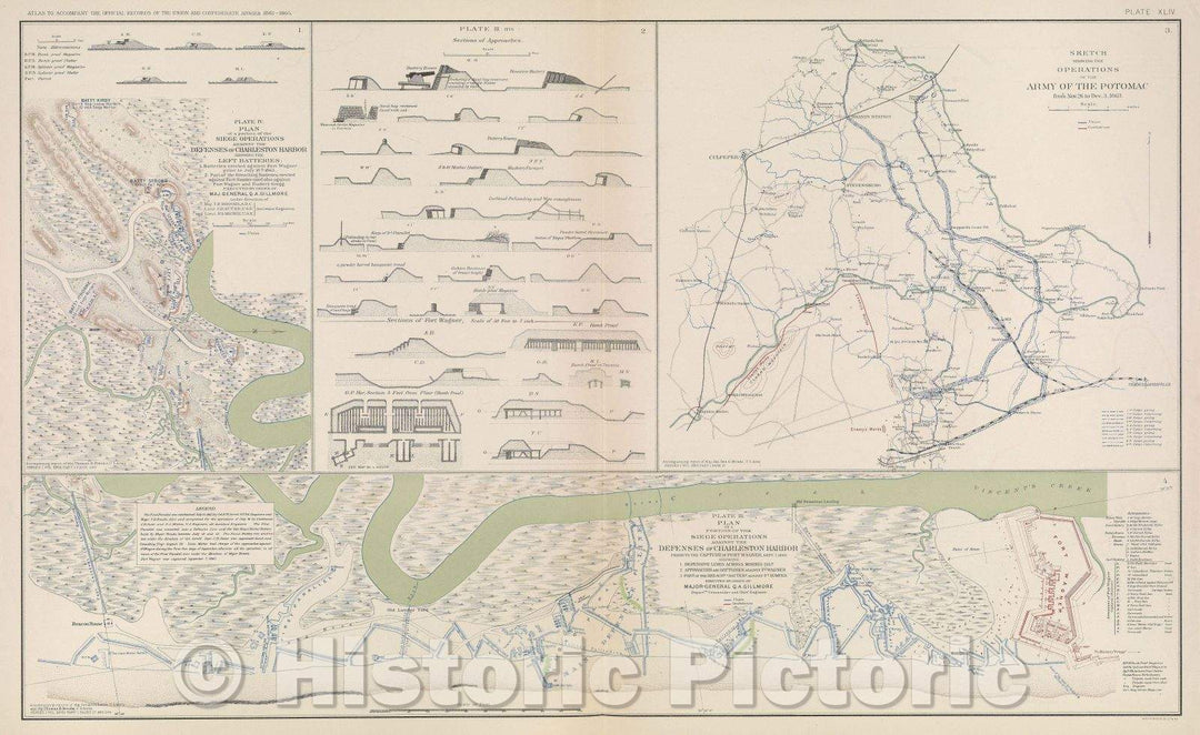 Historic Map : Plate IV.  Plan of a portion of the siege operations against the defenses of Charleston Harbor showing the Left Batteries, 1863 , Vintage Wall Art