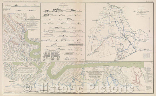 Historic Map : Plate IV.  Plan of a portion of the siege operations against the defenses of Charleston Harbor showing the Left Batteries, 1863 , Vintage Wall Art