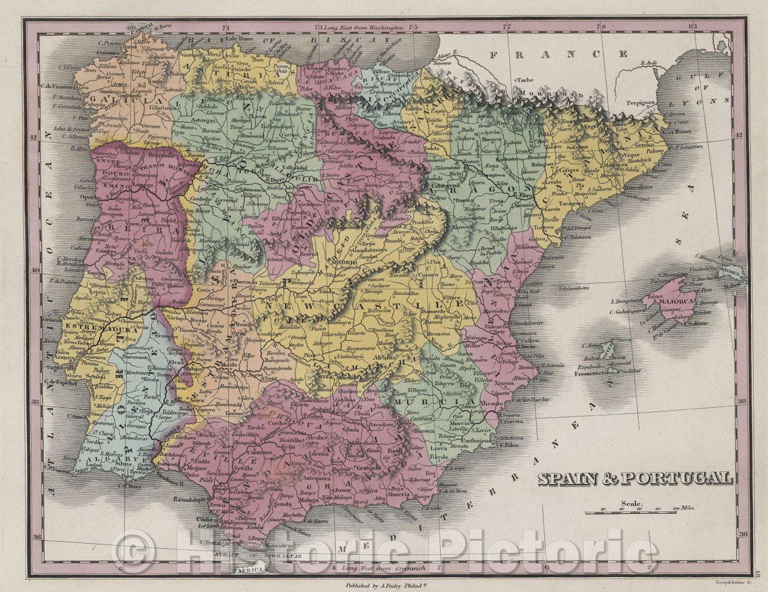 Historic Map : Spain and Portugal., 1832 , Vintage Wall Art