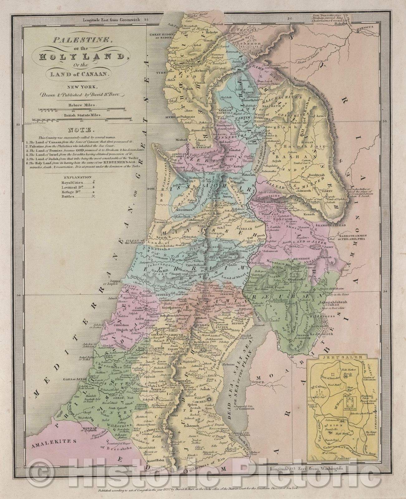 Historic Map : Palestine. or the Holyland, or the Land of Canaan. New York. Drawn and Published by David H. Burr, 1832 , Vintage Wall Art