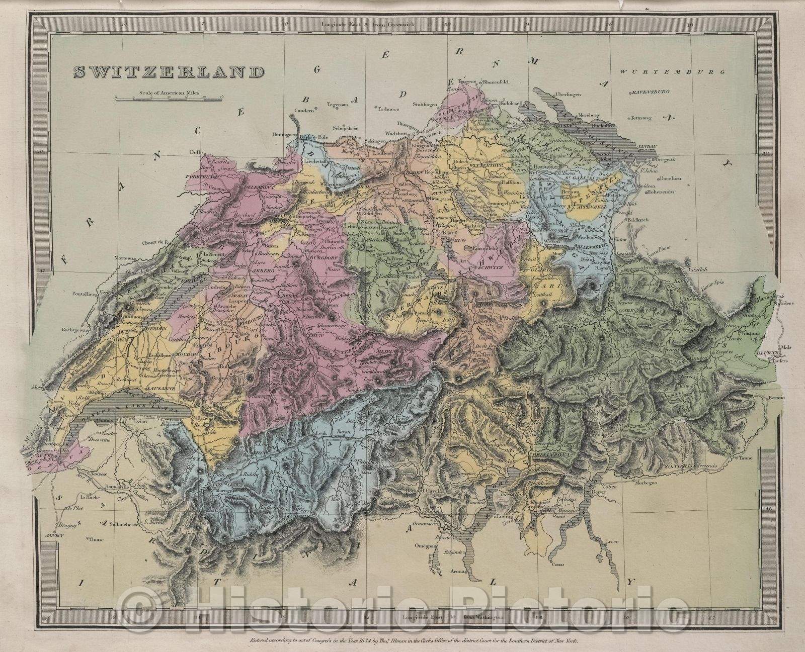 Historic Map : Switzerland, 1834 , Vintage Wall Art