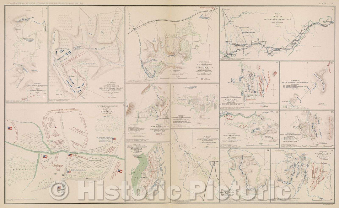 Historic Map : Line of march of the left wing 16th Army Coprs from May 5th to Sept. 8th 1864., 1864 , Vintage Wall Art
