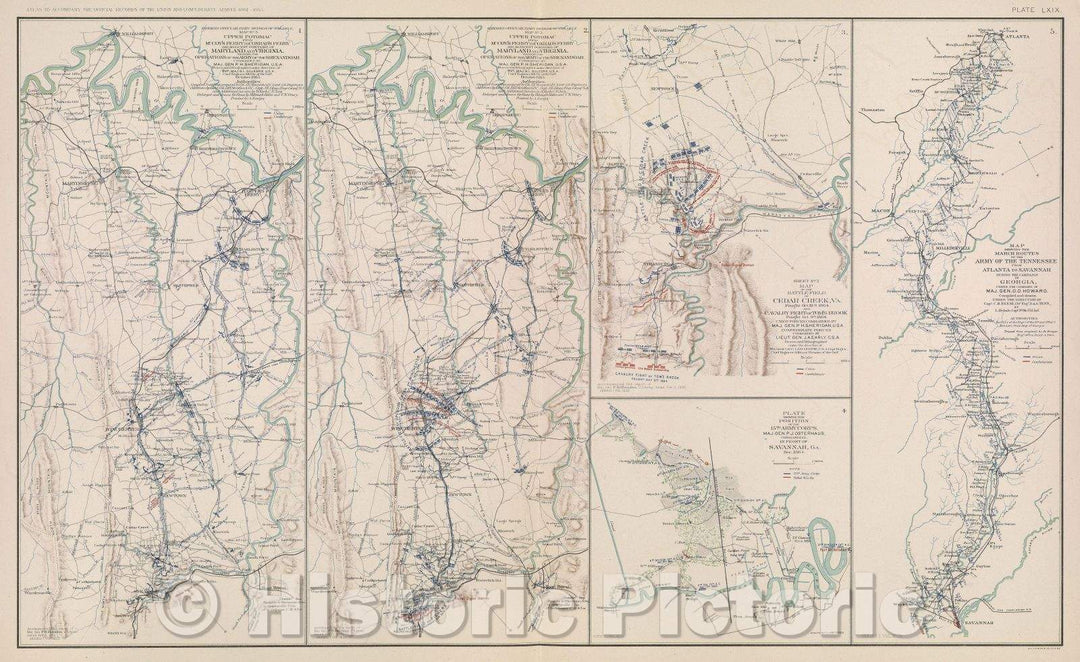 Historic Map : Map showing the route of march of the 2d Division, 15th Army Corps, from November 12th to December 21st, 1864., 1881 , Vintage Wall Art