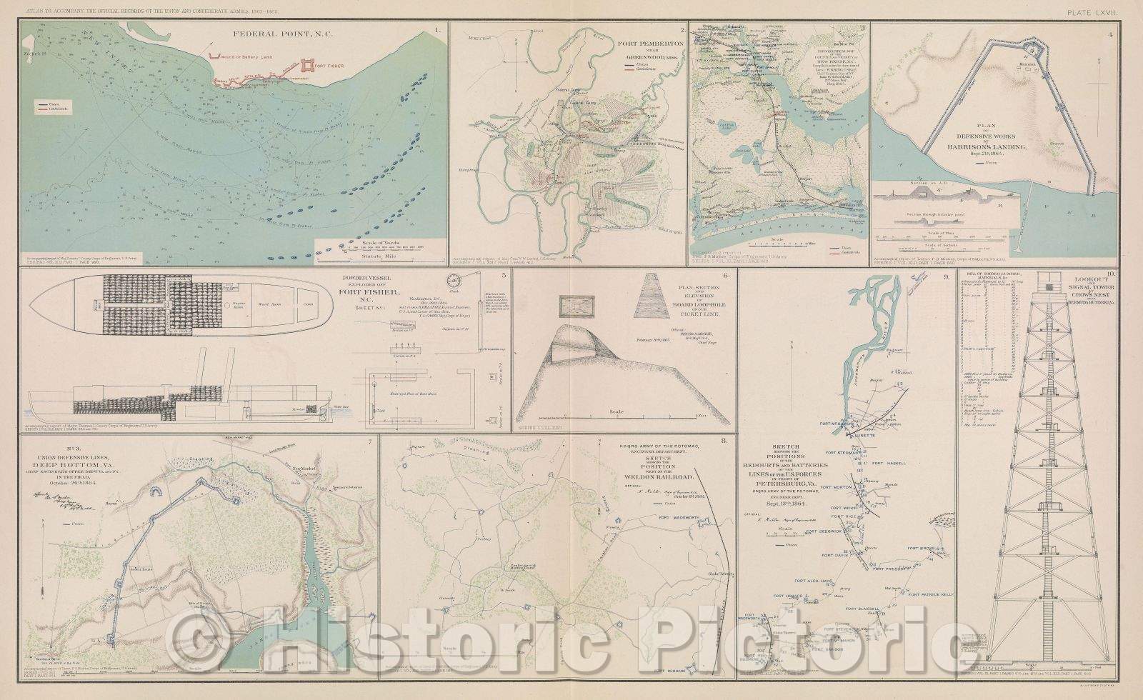 Historic Map : No. 1.  Defensive lines 18th Army Corps from Fort Brady to Fort Burnham, (Battery Harrison) Chief Engineer's Office, 1865 , Vintage Wall Art