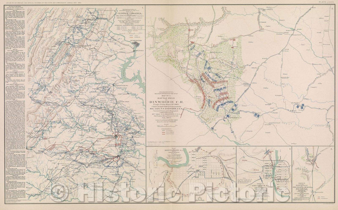Historic Map : Engineer's Office, Military Division of the Gulf, Map No 6, Central Virginia, showing Maj. Gen. P. H. Sheridan's campaigns and marches of the cavalry, c. 1865 , Vintage Wall Art