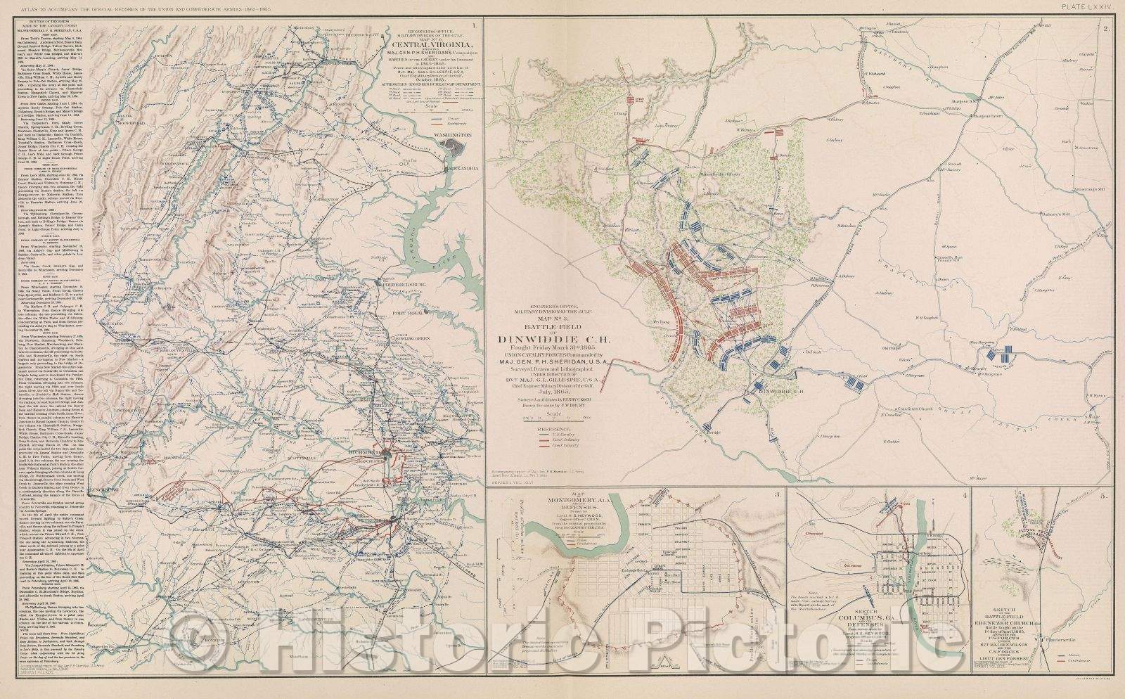 Historic Map : Engineer's Office, Military Division of the Gulf, Map No 6, Central Virginia, showing Maj. Gen. P. H. Sheridan's campaigns and marches of the cavalry, c. 1865 , Vintage Wall Art