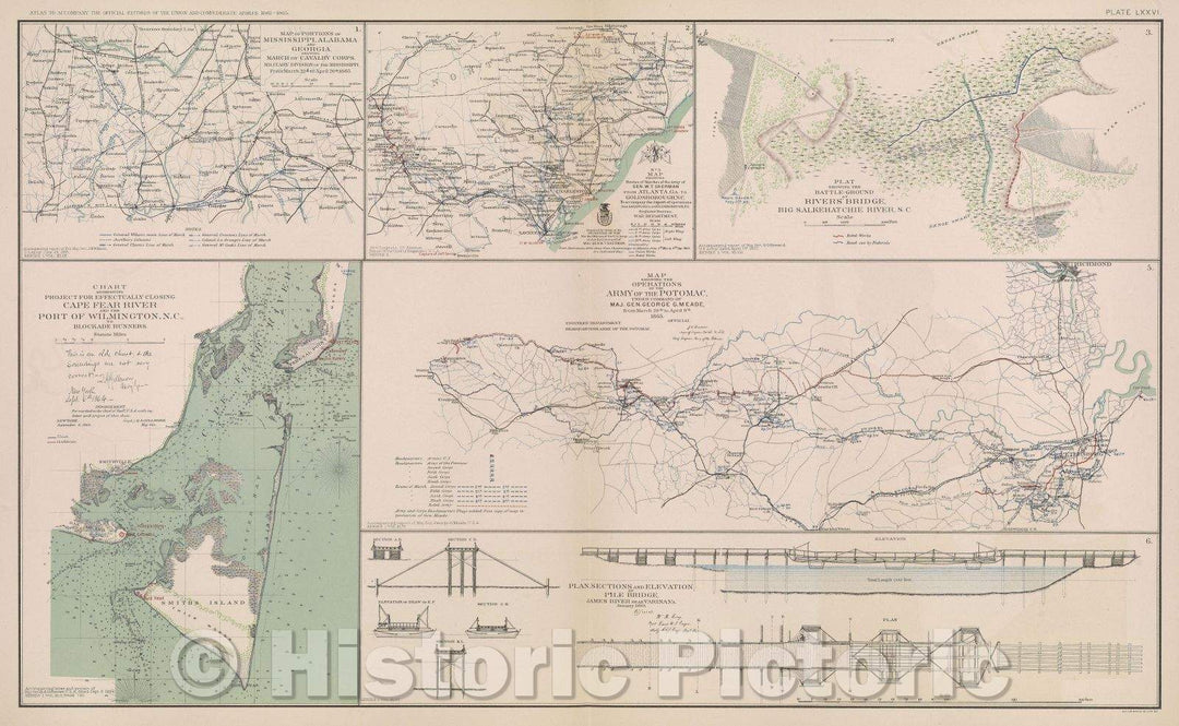 Historic Map : Map of portions of Mississippi, Alabama and Georgia, showing march of Cavalry Corps, Military Division of the Mississippi, 1865 , Vintage Wall Art