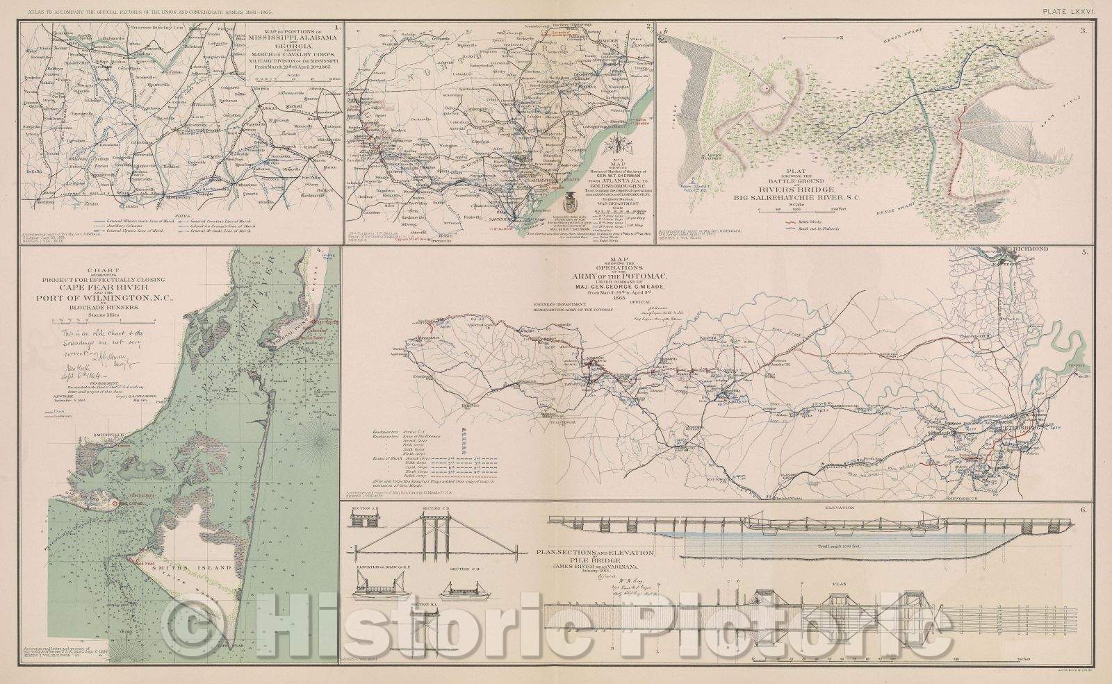 Historic Map : Map of portions of Mississippi, Alabama and Georgia, showing march of Cavalry Corps, Military Division of the Mississippi, 1865 , Vintage Wall Art