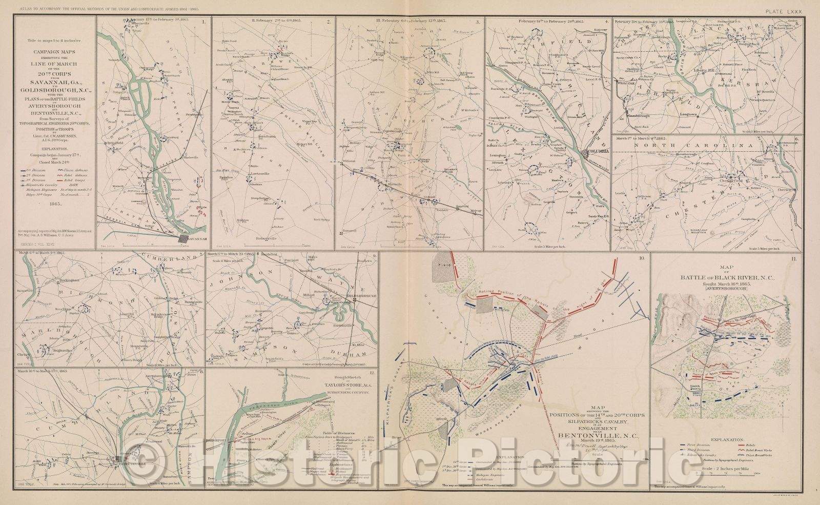 Historic Map : Title to maps 1 to 11 inclusive. Campaign maps exhibiting the line of march of the 20th Corps from Savannah, GA., to Goldsborough, N. C., 1865 , Vintage Wall Art