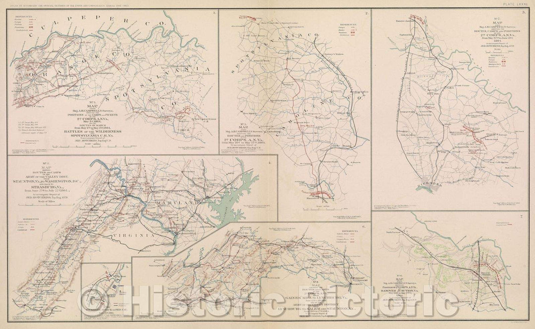 Historic Map : No. 1.  Map, from Maj. A. H. Campbell's surveys, showing the positions of the camps and pickets of the 2d Corps, A. N. VA., May 3d, 1864, 1865 , Vintage Wall Art