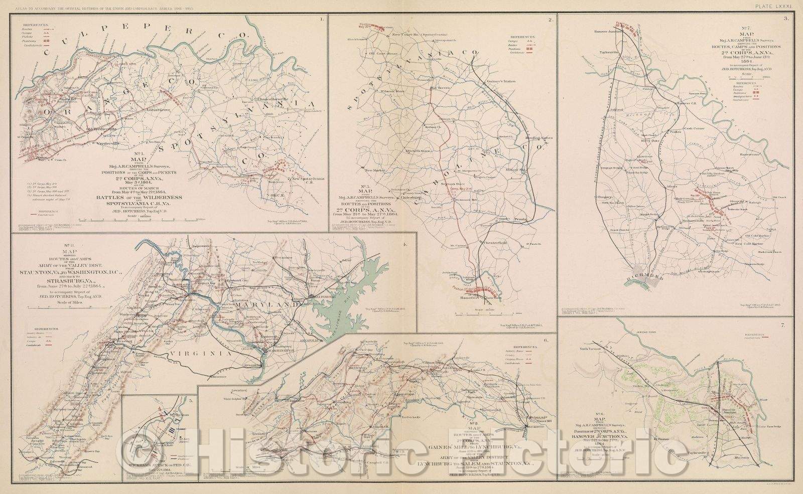 Historic Map : No. 1.  Map, from Maj. A. H. Campbell's surveys, showing the positions of the camps and pickets of the 2d Corps, A. N. VA., May 3d, 1864, 1865 , Vintage Wall Art