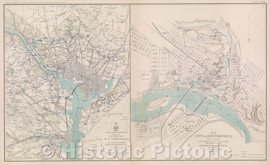 Historic Map : No. 1.  Defenses of Washington.  Extract of military map of N. E. Virginia, showing forts and roads.  Engineer Bureau, War Department, 1865., 1865 , Vintage Wall Art