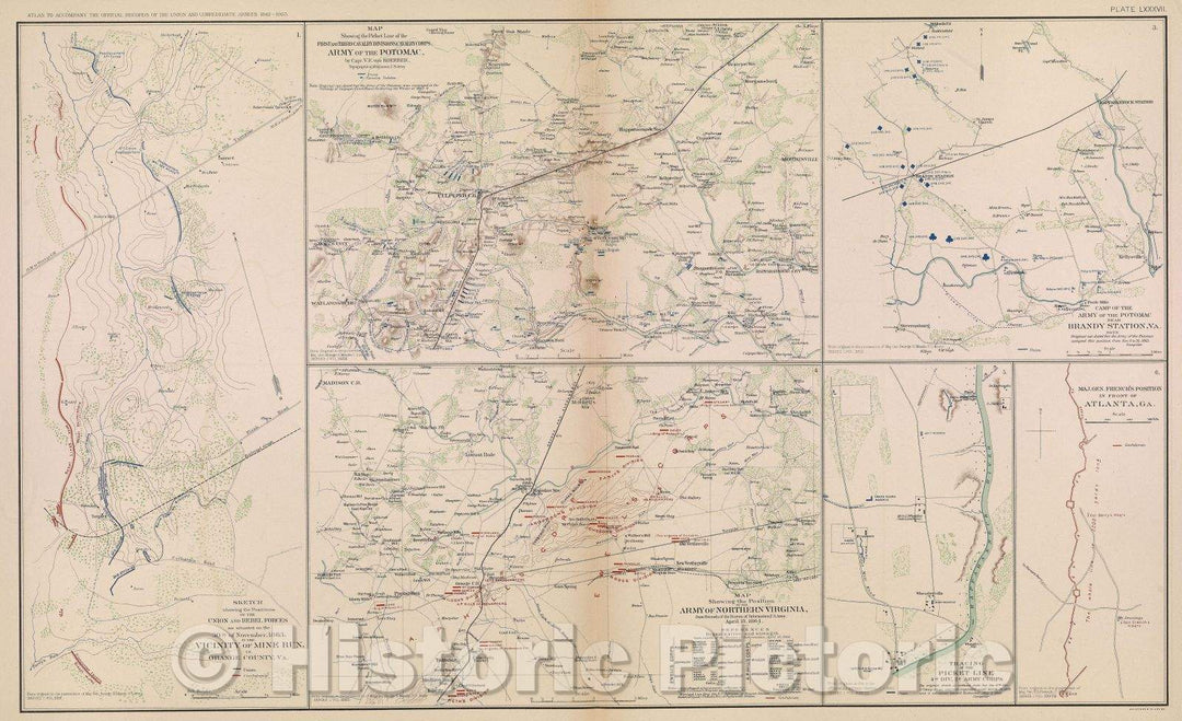 Historic Map : Sketch showing the positions of the Union and Rebel Forces as situated on the 30th of November, 1863, in the vicinity of Mine Run, in Orange Count, VA, c. 1864 , Vintage Wall Art