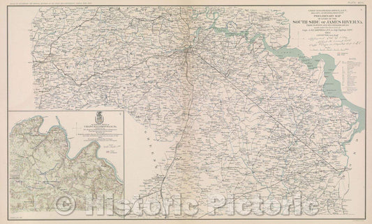 Historic Map : Preliminary map of a part of the South side of James River, VA., 1867 , Vintage Wall Art