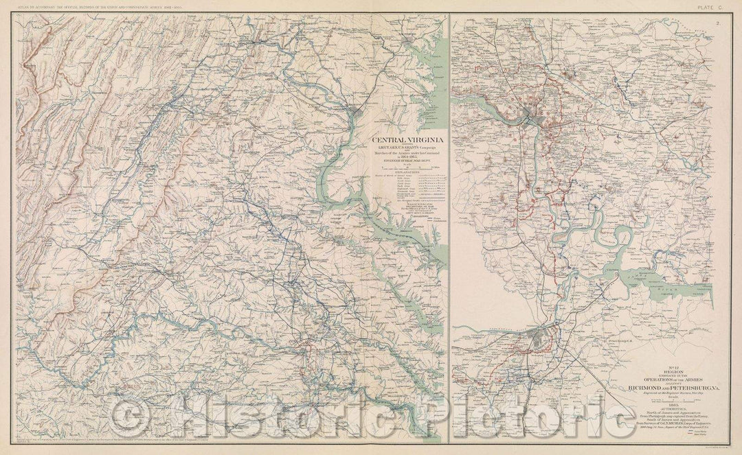 Historic Map : Central Virginia showing Lieut. Gen. U. S. Grant's campaign and marches of the armies under his command in 1864-1865., c. 1865 , Vintage Wall Art