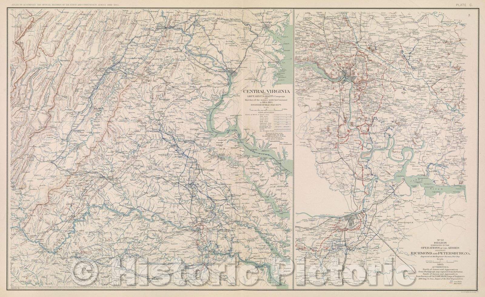 Historic Map : Central Virginia showing Lieut. Gen. U. S. Grant's campaign and marches of the armies under his command in 1864-1865., c. 1865 , Vintage Wall Art