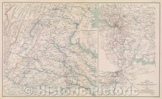 Historic Map : Central Virginia showing Lieut. Gen. U. S. Grant's campaign and marches of the armies under his command in 1864-1865., c. 1865 , Vintage Wall Art