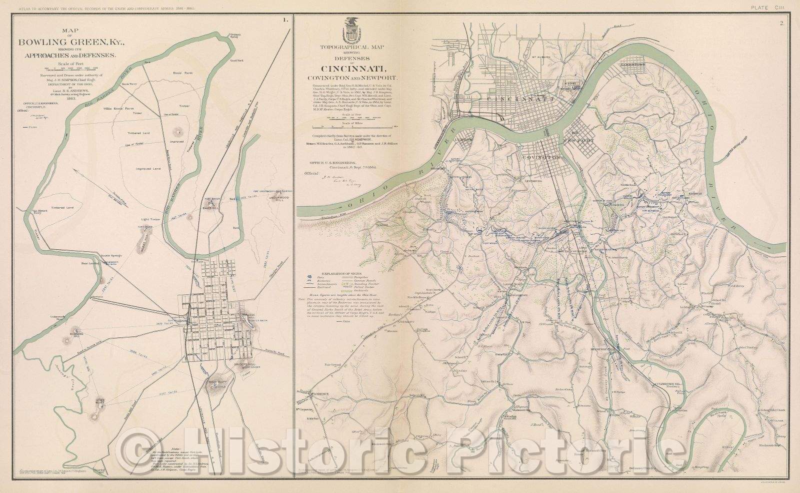 Historic Map : Map of Bowling Green, KY., showing its approaches and defenses., c. 1863 , Vintage Wall Art
