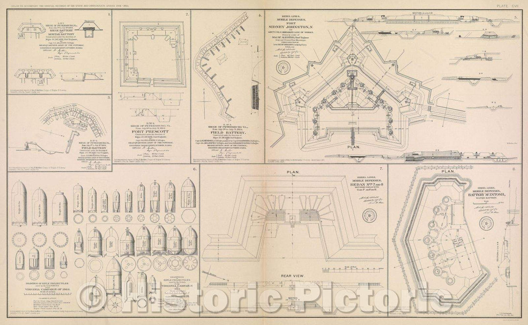 Historic Map : D. No. 7.  Siege of Petersburg, VA., from July 9th to July 31st, 1864.  Siege battery and mortar battery., 1865 , Vintage Wall Art