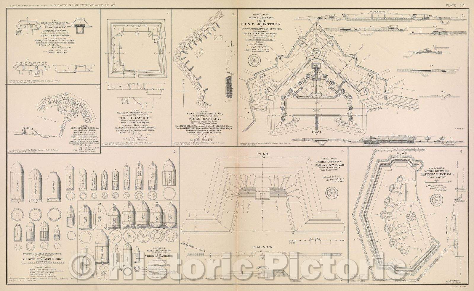 Historic Map : D. No. 7.  Siege of Petersburg, VA., from July 9th to July 31st, 1864.  Siege battery and mortar battery., 1865 , Vintage Wall Art