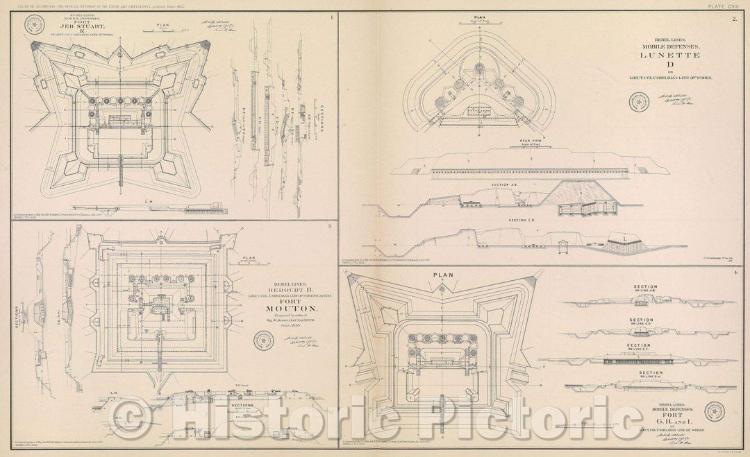 Historic Map : Rebel lines.  Mobile defenses.  Fort Jeb Stuart, K. on Lieut. Col. V. Sheliha's line of works., 1865 , Vintage Wall Art