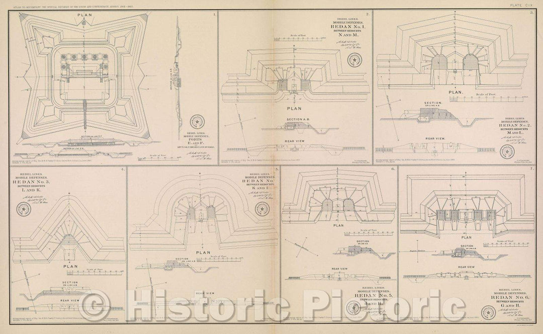 Historic Map : Rebel lines.  Mobile defenses.  Forts E. and F. on Lieut. Col. V. Sheliha's line of works., 1865 , Vintage Wall Art
