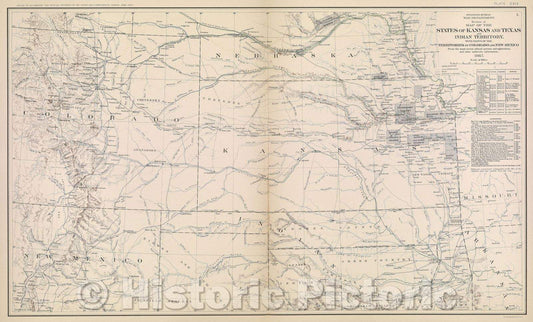 Historic Map : Engineer Bureau War Department.  Section of map of the states of Kansas and Texas and Indian territory, with parts of the territories of Colorado, 1867 , Vintage Wall Art