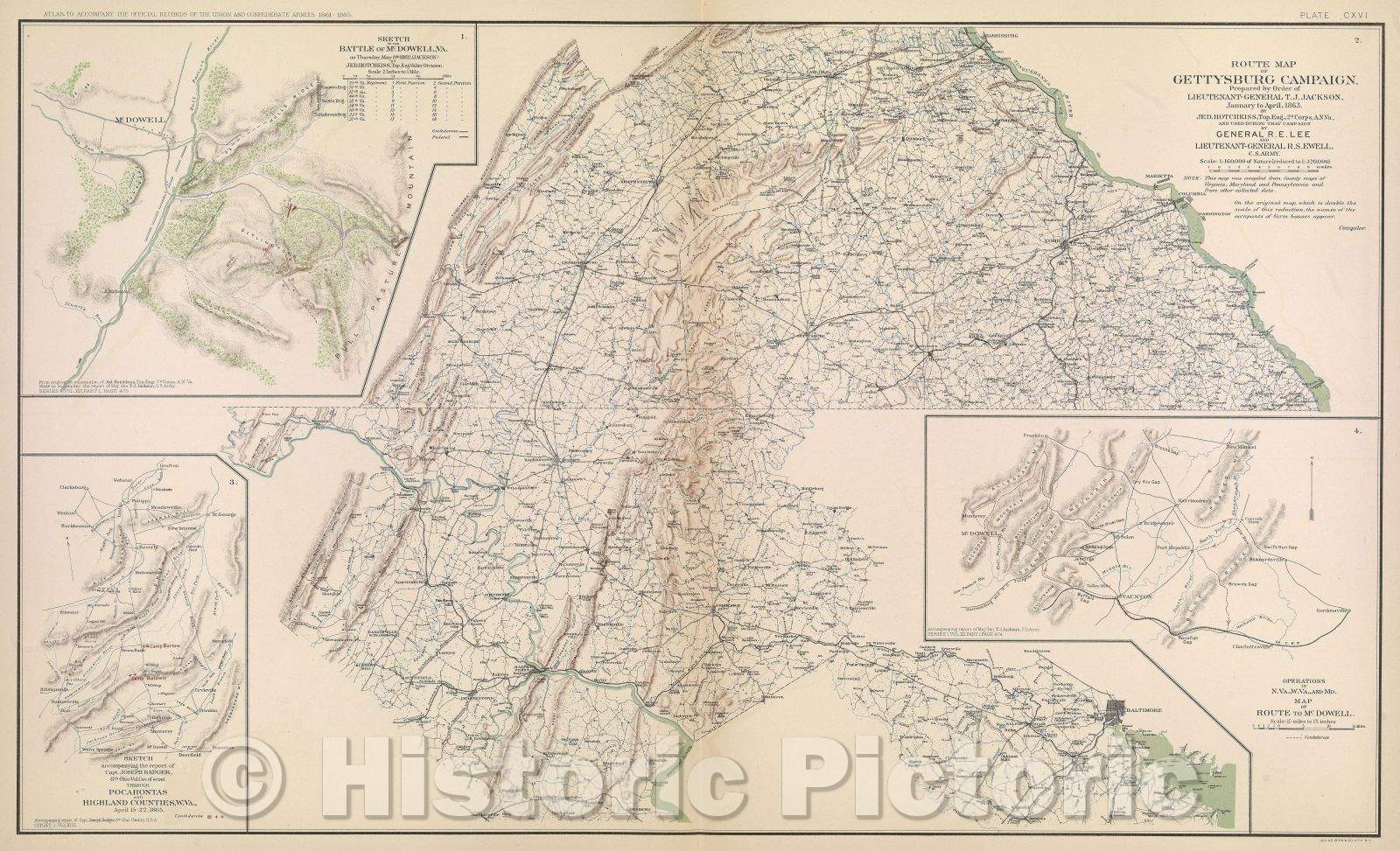 Historic Map : Sketch of the battle of McDowell, VA. on Thursday, May 8th 1862. (Jackson), 1865 , Vintage Wall Art