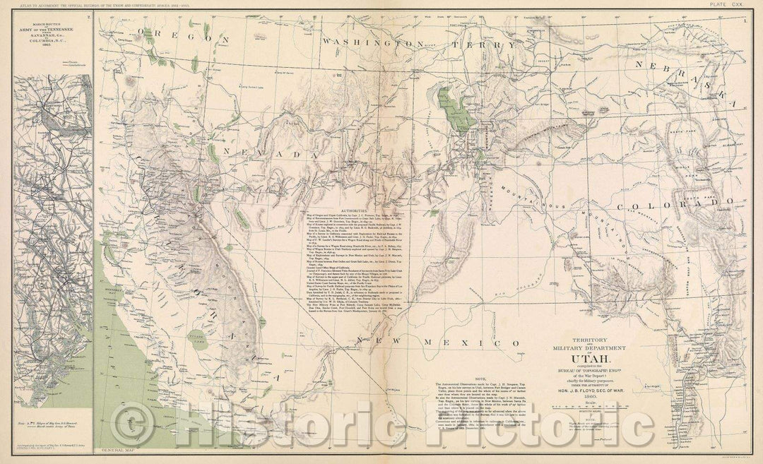 Historic Map : Territory and military department of Utah.  Compiled in the Bureau of Topographl. Engrs. of the War Departt. chiefly for military purposes., 1865 , Vintage Wall Art