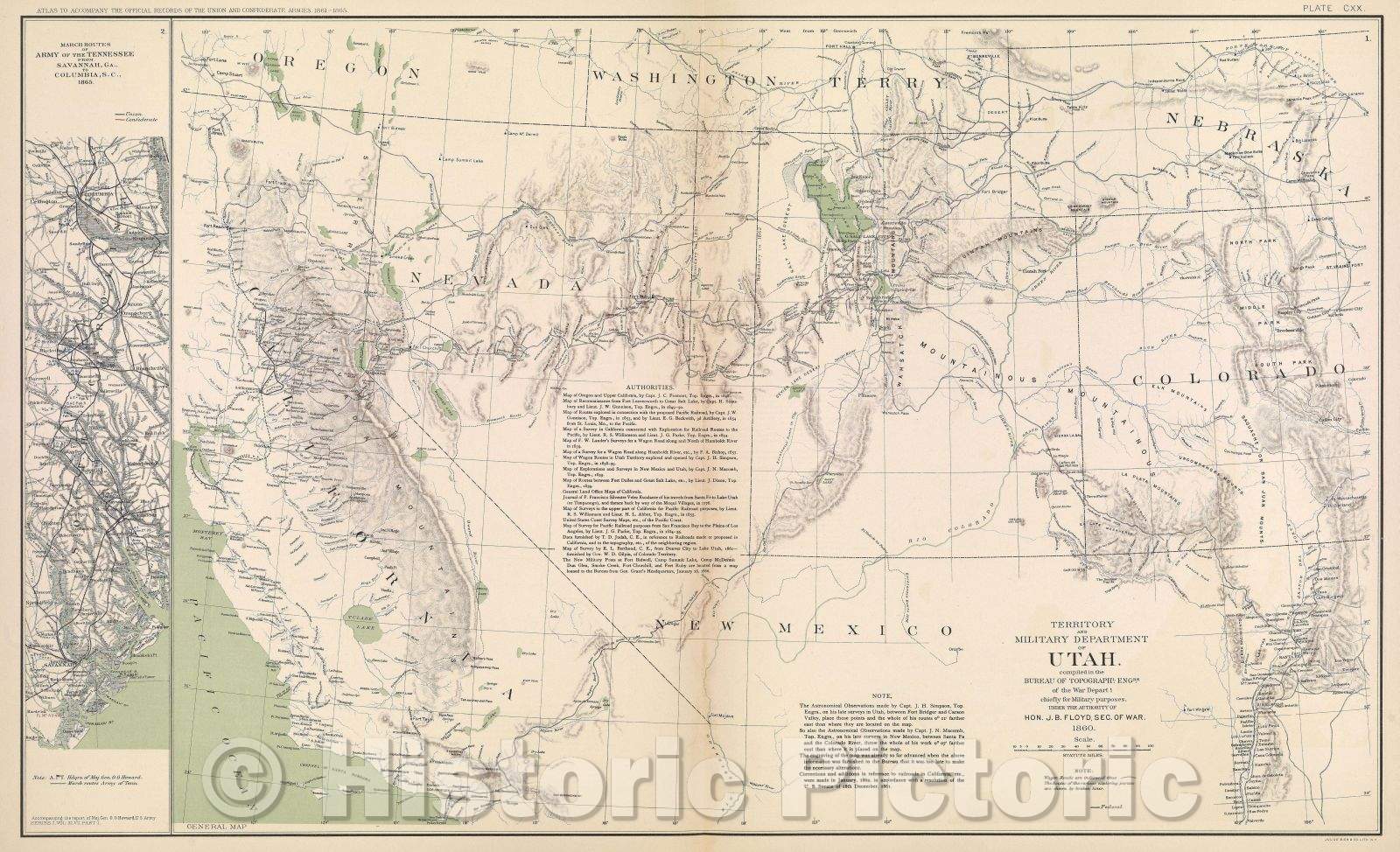 Historic Map : Territory and military department of Utah.  Compiled in the Bureau of Topographl. Engrs. of the War Departt. chiefly for military purposes., 1865 , Vintage Wall Art