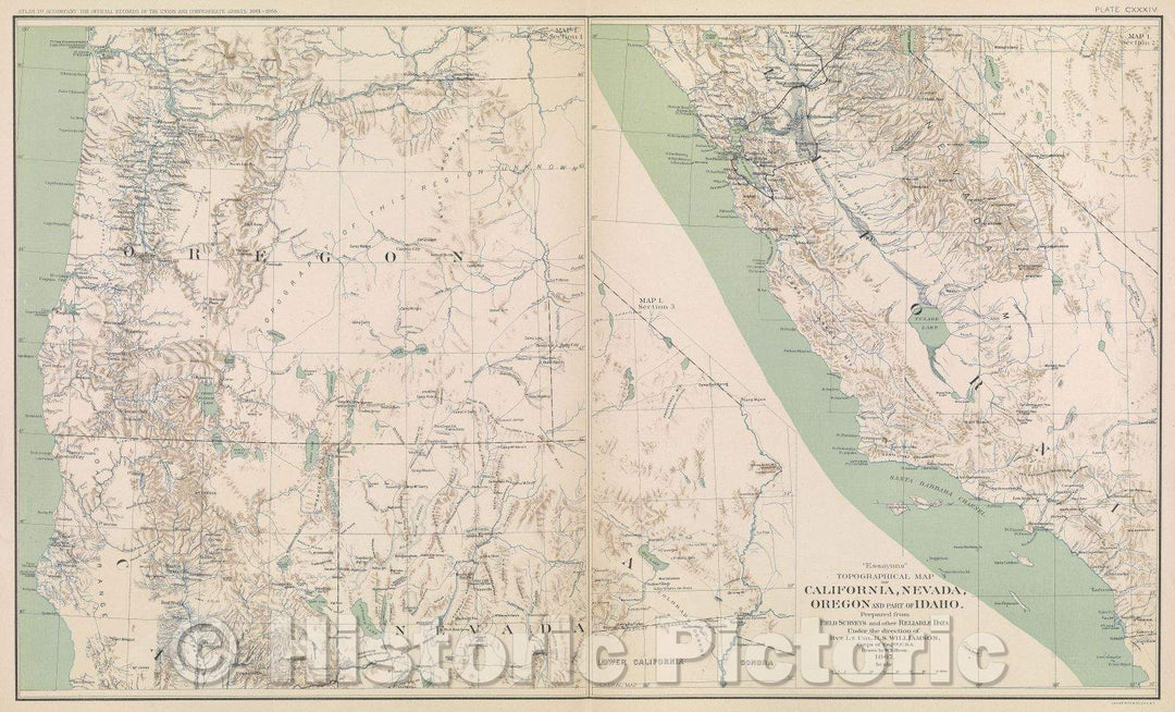 Historic Map : "Essayons" topographical map of California, Nevada, Oregon and part of Idaho., 1867 , Vintage Wall Art