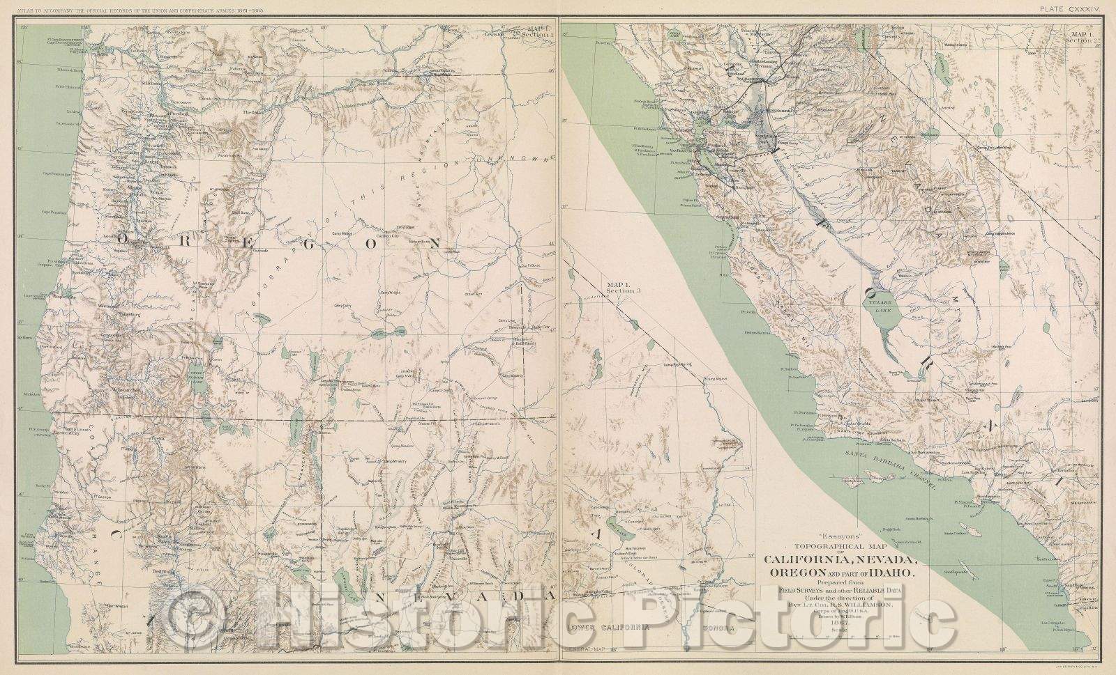 Historic Map : "Essayons" topographical map of California, Nevada, Oregon and part of Idaho., 1867 , Vintage Wall Art