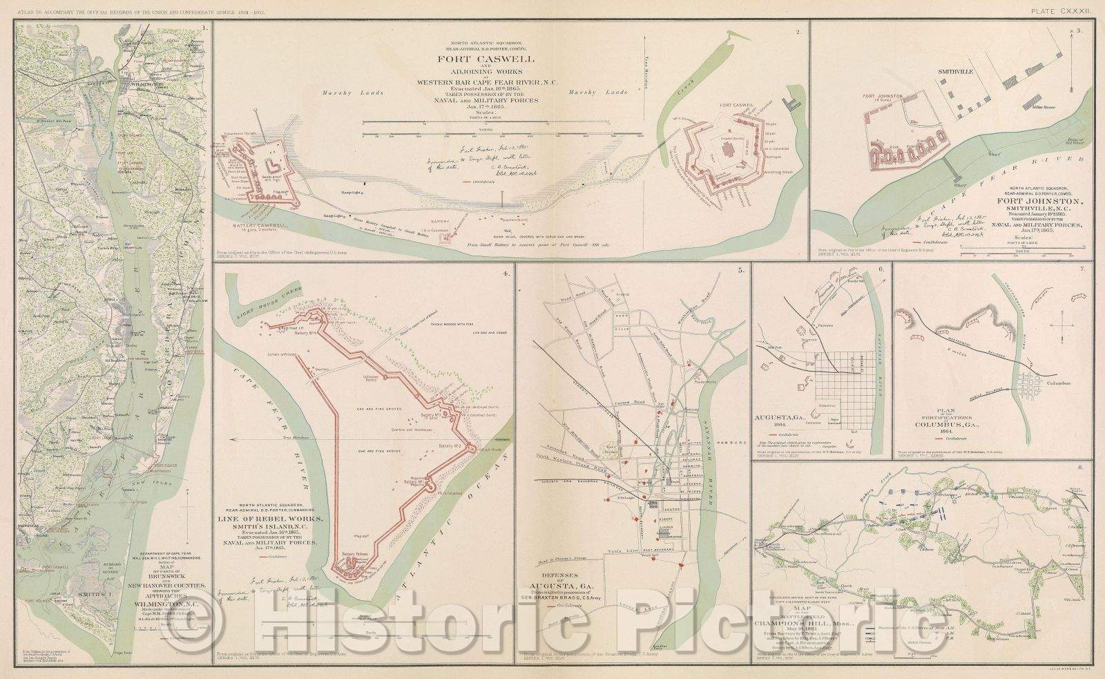 Historic Map : Department of Cape Fear.  Maj. Gen.  W. H. C. Whiting, commanding.  Section of map of parts of Brunswick and New Hanover Counties. , 1865 , Vintage Wall Art