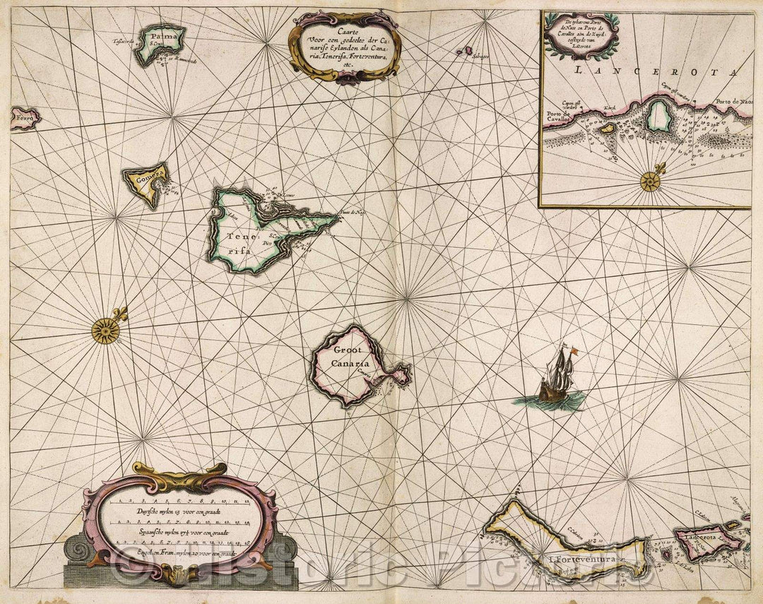Historic Map : Caarte voor een gedeelte der Canarise Eylanden als Canaria, Tenerifa, Forteventura, ect., 1666 , Vintage Wall Art