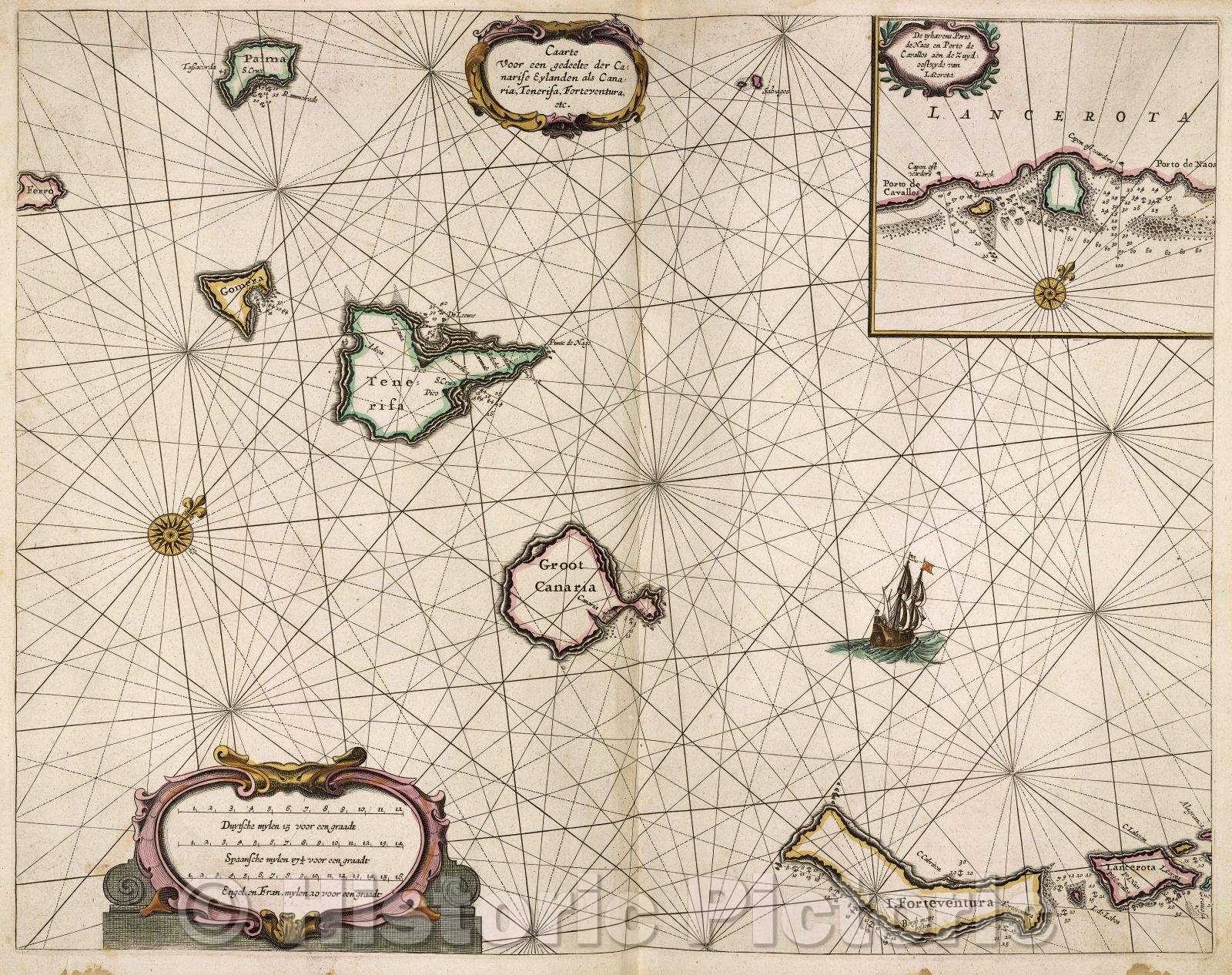 Historic Map : Caarte voor een gedeelte der Canarise Eylanden als Canaria, Tenerifa, Forteventura, ect., 1666 , Vintage Wall Art