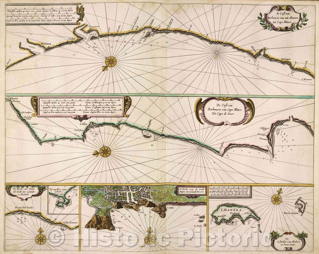 Historic Map : de cust van Barbaryen van out Mamora tot Capo Blanco. top inset, 1666 , Vintage Wall Art