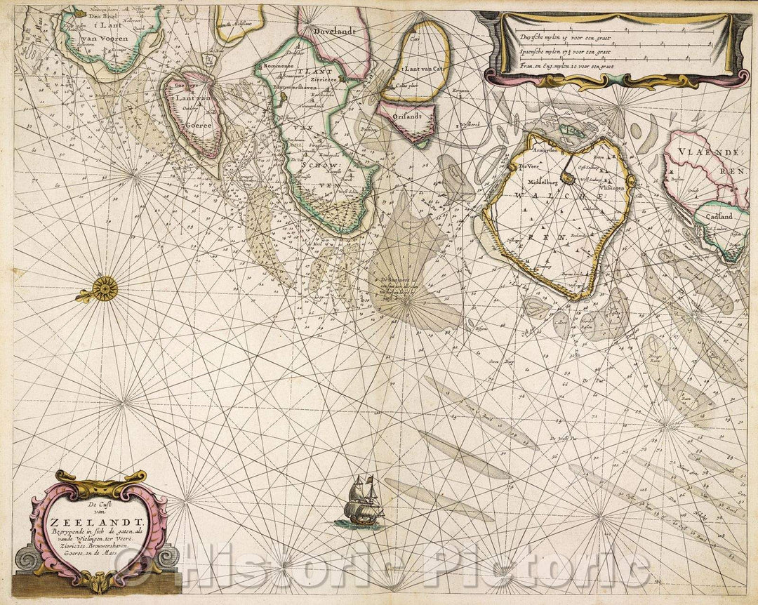Historic Map : De Cust van Zeelandt, Begrypende in sich de gaten, als vande Wielingen, ter Veere. Ziericzee, Brouwershaven, Goeree, en de Maes, 1666 , Vintage Wall Art