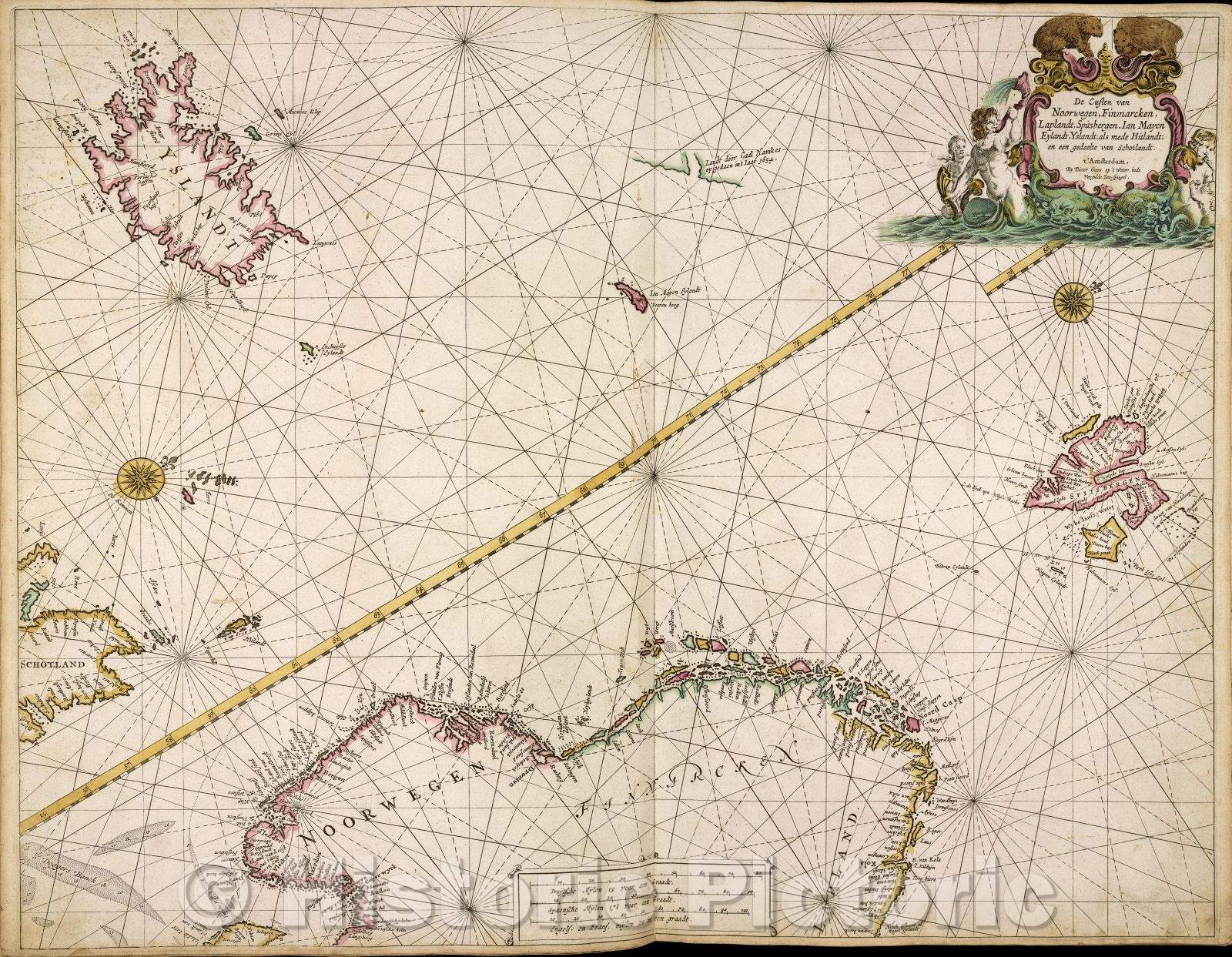 Historic Map : De custen van Noorwegen, Finmarcken, Laplandt, Spitsbergen, Ian Mayen Eylandt, Yslandt, als mede Hitlandt, en een gedeelte van Schotlandt., 1666 , Vintage Wall Art