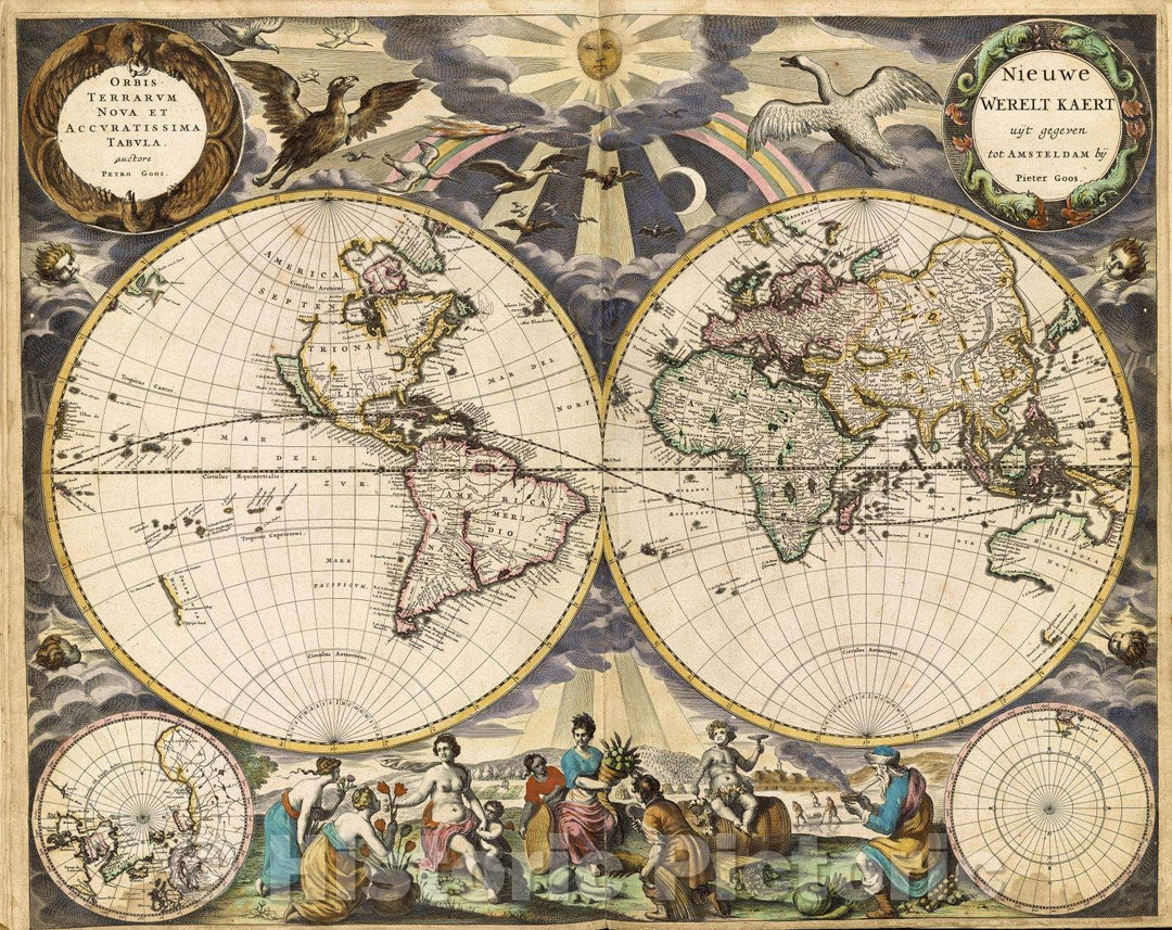 Historic Map : Orbis terrarum nova et accuratissima tabula. auctore Petro Goos. upper left cartouche, 1666 , Vintage Wall Art