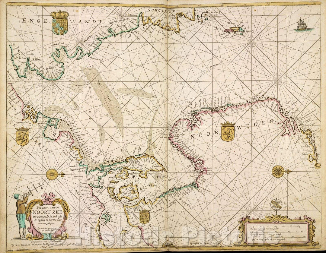 Historic Map : Pascaart van de Noort Zee verthoonende in zich alle de custen en havens daer rontom gelegen..., 1666 , Vintage Wall Art