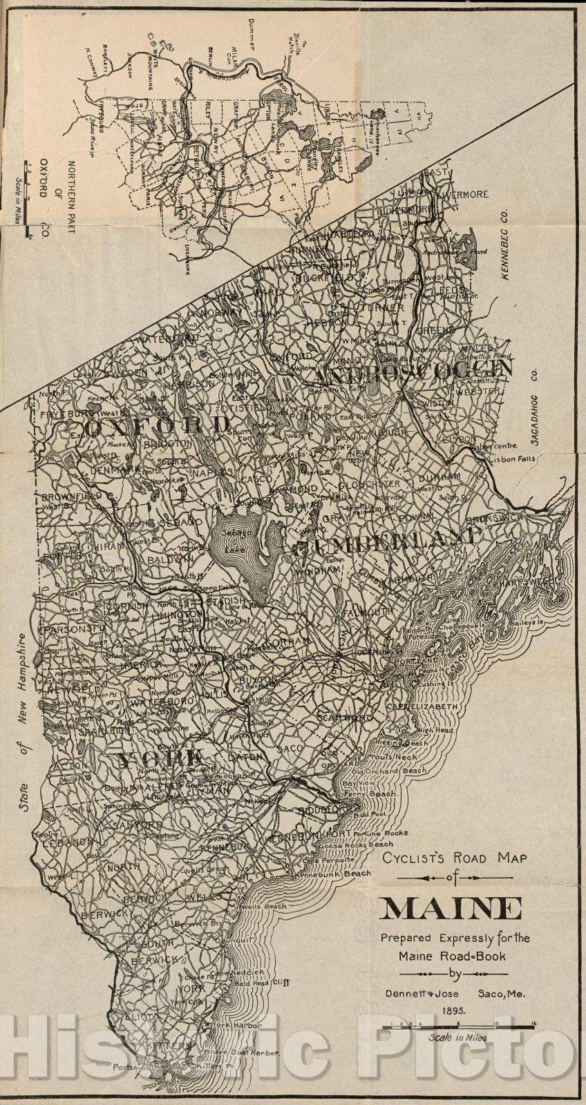 Historic Map : Cyclist's Road Map of Maine Prepared Expressly for the Maine Road=Book, 1895 , Vintage Wall Art