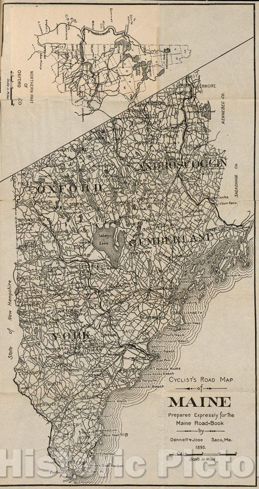 Historic Map : Cyclist's Road Map of Maine Prepared Expressly for the Maine Road=Book, 1895 , Vintage Wall Art