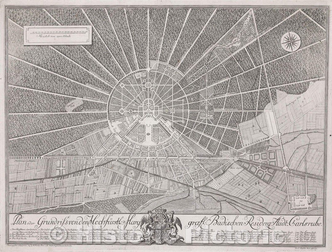 Historic Map : Plan oder Grundriss von der Hochfurstl: Marggraefl: Badischen Residenz Stadt-Carlsruhe, c. 1780 , Vintage Wall Art