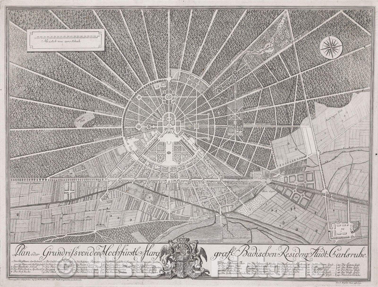 Historic Map : Plan oder Grundriss von der Hochfurstl: Marggraefl: Badischen Residenz Stadt-Carlsruhe, c. 1780 , Vintage Wall Art