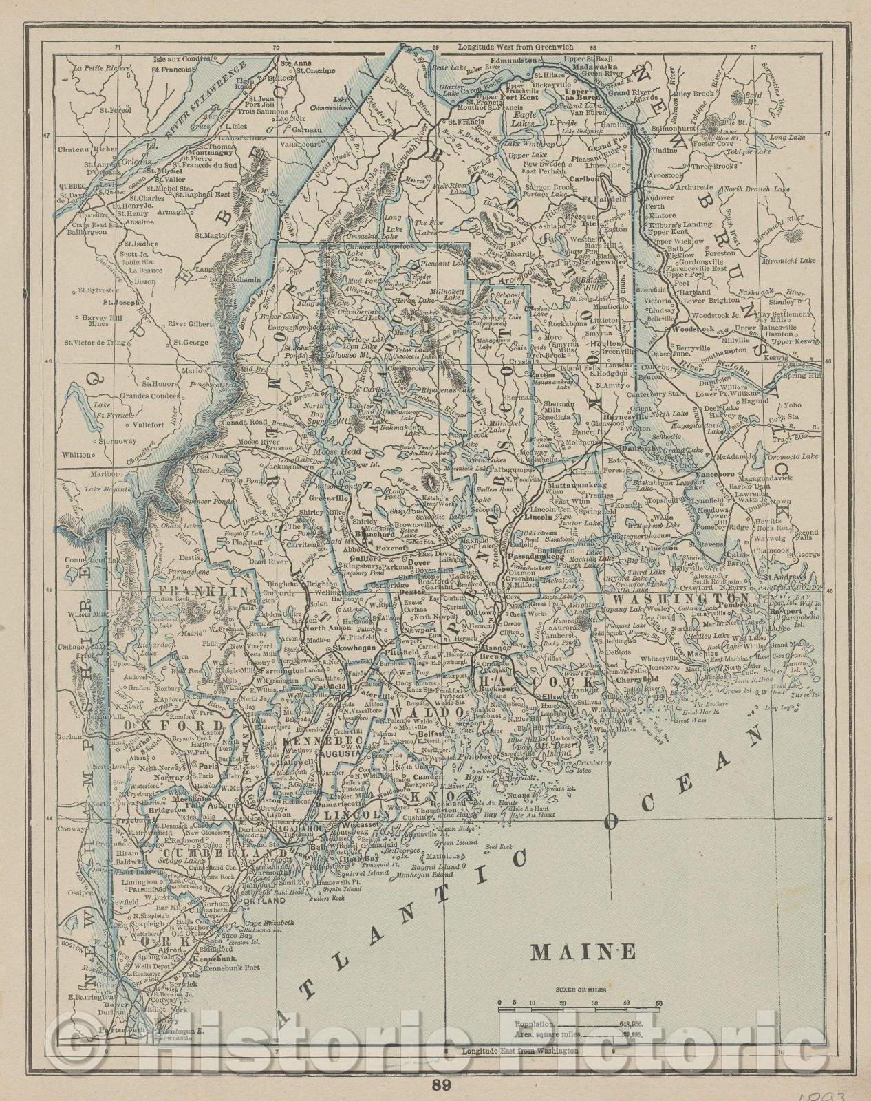 Historic Map : Maine, 1893, Vintage Wall Art