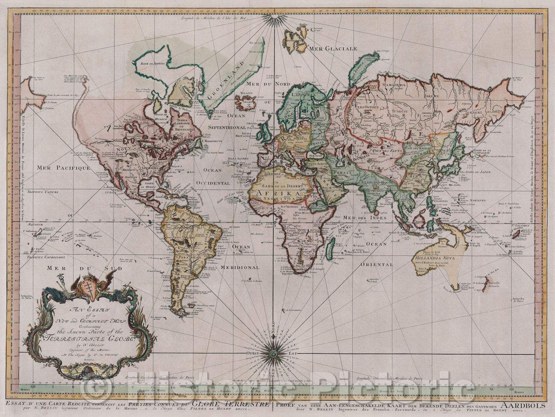 Historic Map : An Essay of a New and Compact Map, Containing the Known Parts of the Terrestrial Globe , Vintage Wall Art