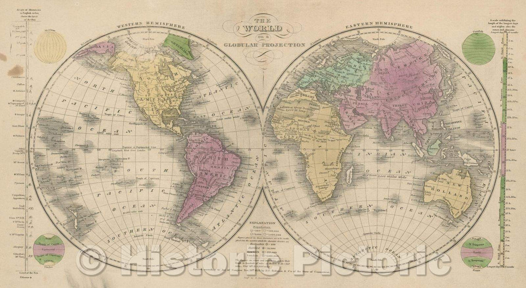 Historic Map : The World on a globular projection, 1837, Vintage Wall Art