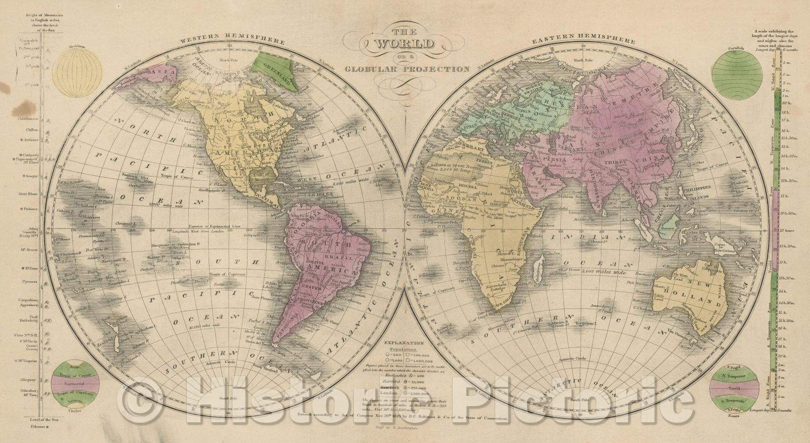 Historic Map : The World on a globular projection, 1837, Vintage Wall Art
