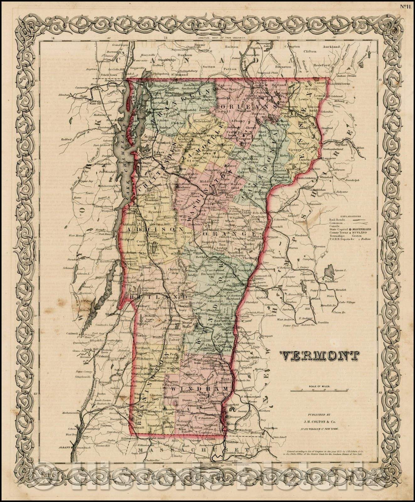 Historic Map - Vermont, 1855, Joseph Hutchins Colton - Vintage Wall Art