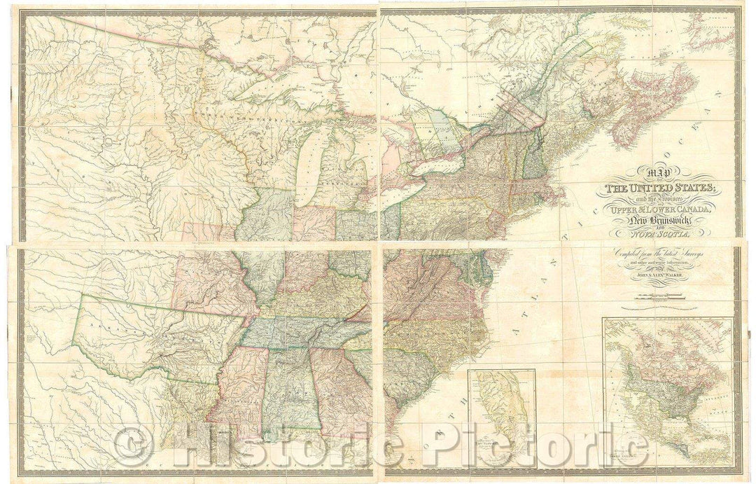 Historic Map - Map of the United States and the Provinces of Upper & Lower Canada, New Brunswick, and Nova Scotia, 1827, John & Alexander Walker - Vintage Wall Art